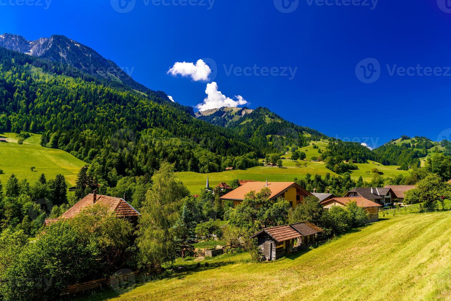 huizen en groene weiden, darstetten, frutigen-niedersimmental, bern, zwitserland foto