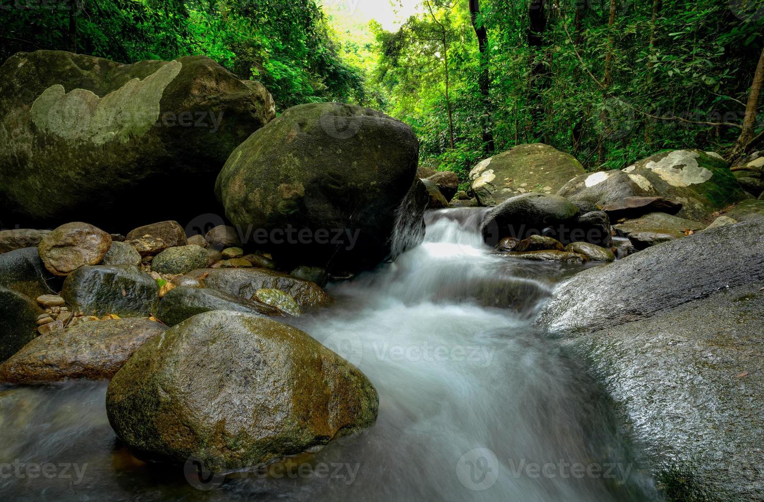 rots of steen bij waterval. prachtige waterval in de jungle. waterval in tropisch bos met groene boom en zonlicht. waterval stroomt in de jungle. natuur achtergrond. groen seizoen reizen in thailand foto