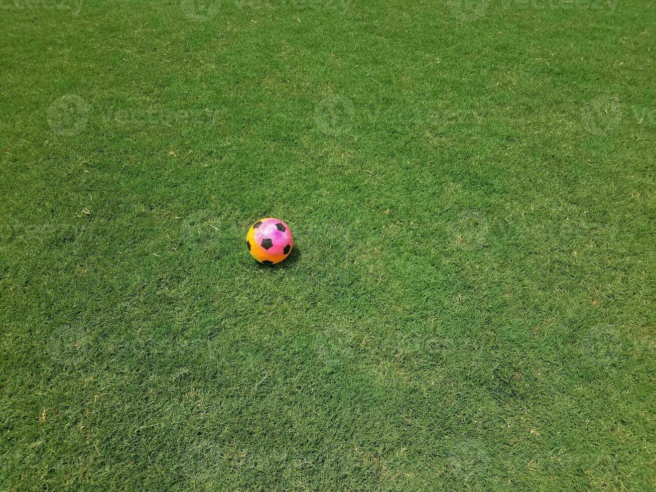 kleurrijke voetbal op gras op een veld foto