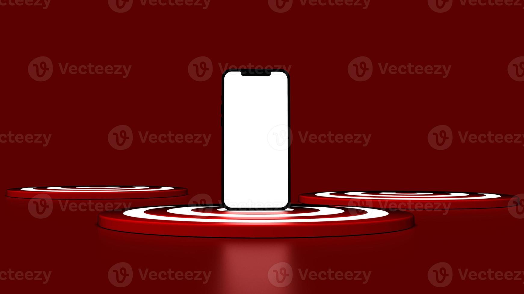 smartphone op het dartbord op rode achtergrond. bedrijfsconcept. 3D illustratie. foto