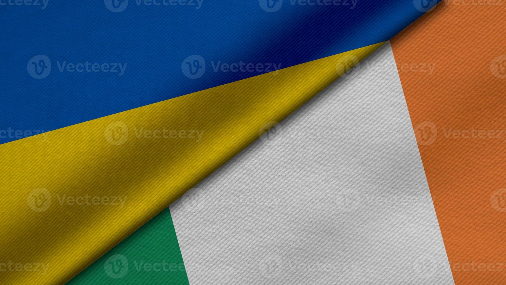 3D-weergave van twee vlaggen van Oekraïne en Ierland samen met stof textuur, bilaterale betrekkingen, vrede en conflict tussen landen, geweldig voor achtergrond foto