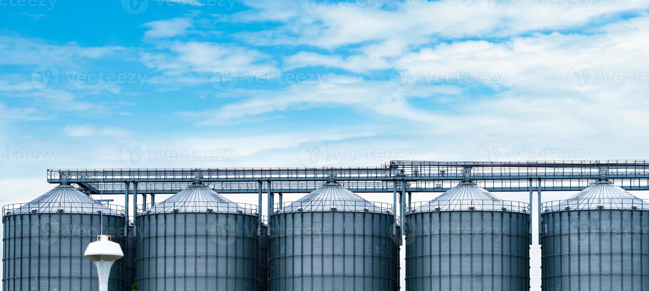 landbouwsilo bij de fabriek van de voermolen. grote tank voor het opslaan van graan bij de productie van diervoeders. zaadvoorraadtoren voor de productie van diervoeder. commercieel voer voor de vee-, varkens- en visindustrie. foto