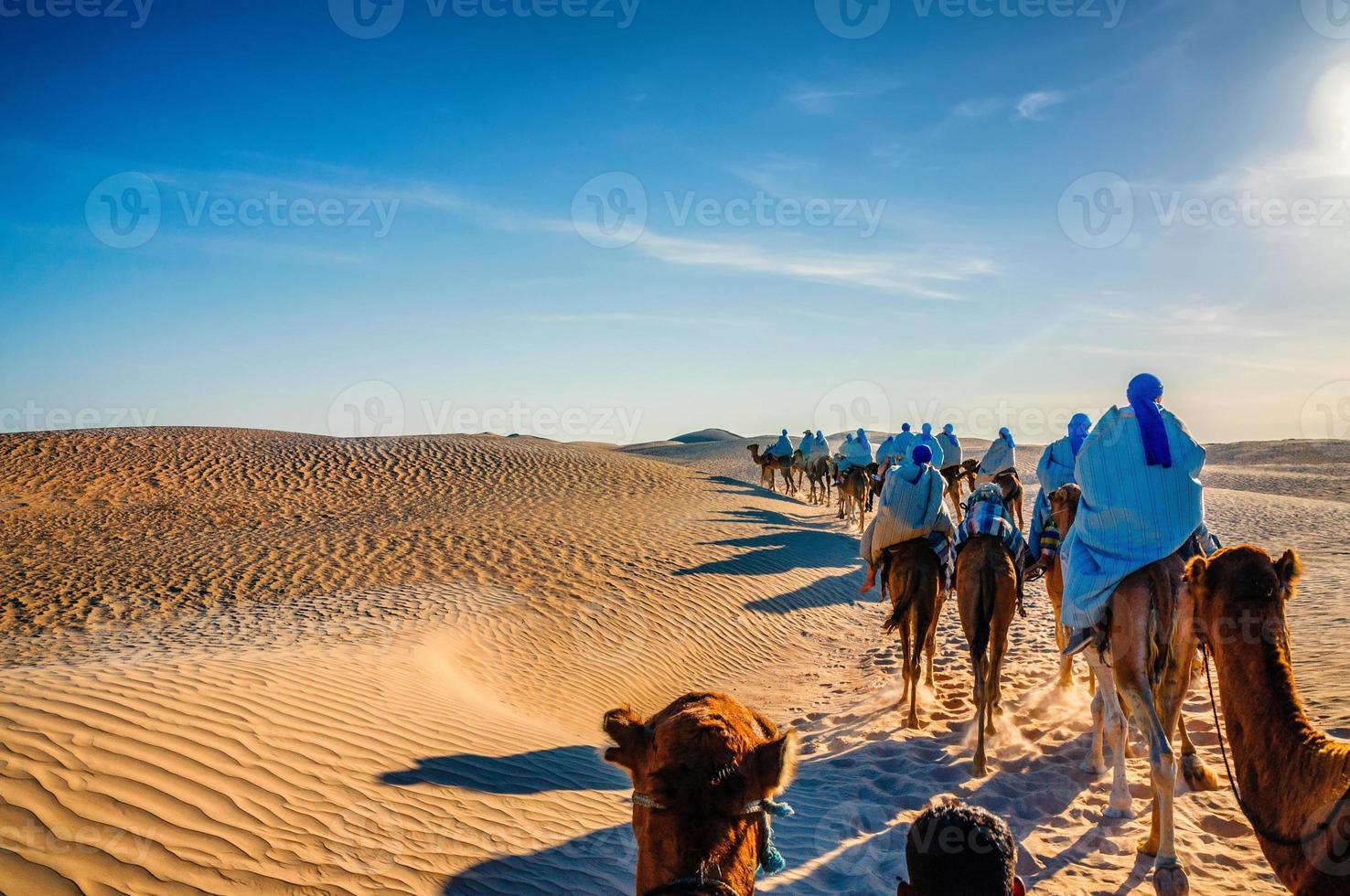 kamelen caravan gaan in de saharawoestijn, tunesië, afrika foto