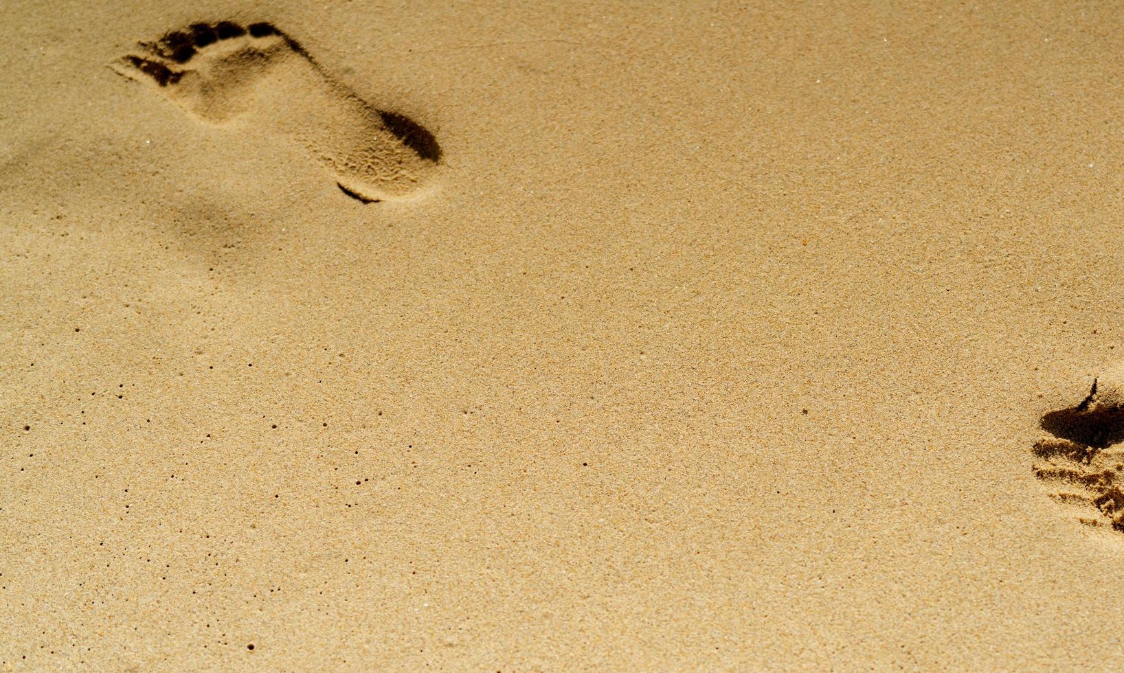 voetafdruk in het zand. voetafdruk in zand op het strand in de zomer. zandstrand achtergrond. zomervakantie op tropisch paradijs strand concept. menselijke voetstapstempel in zand. ontspannen en natuurlijke voetspa foto