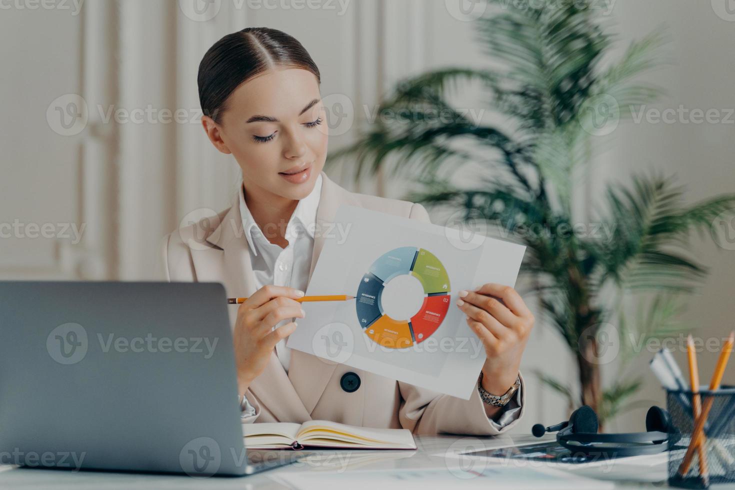 zakenvrouw die financiële gegevens met potlood toont tijdens webconferentie foto