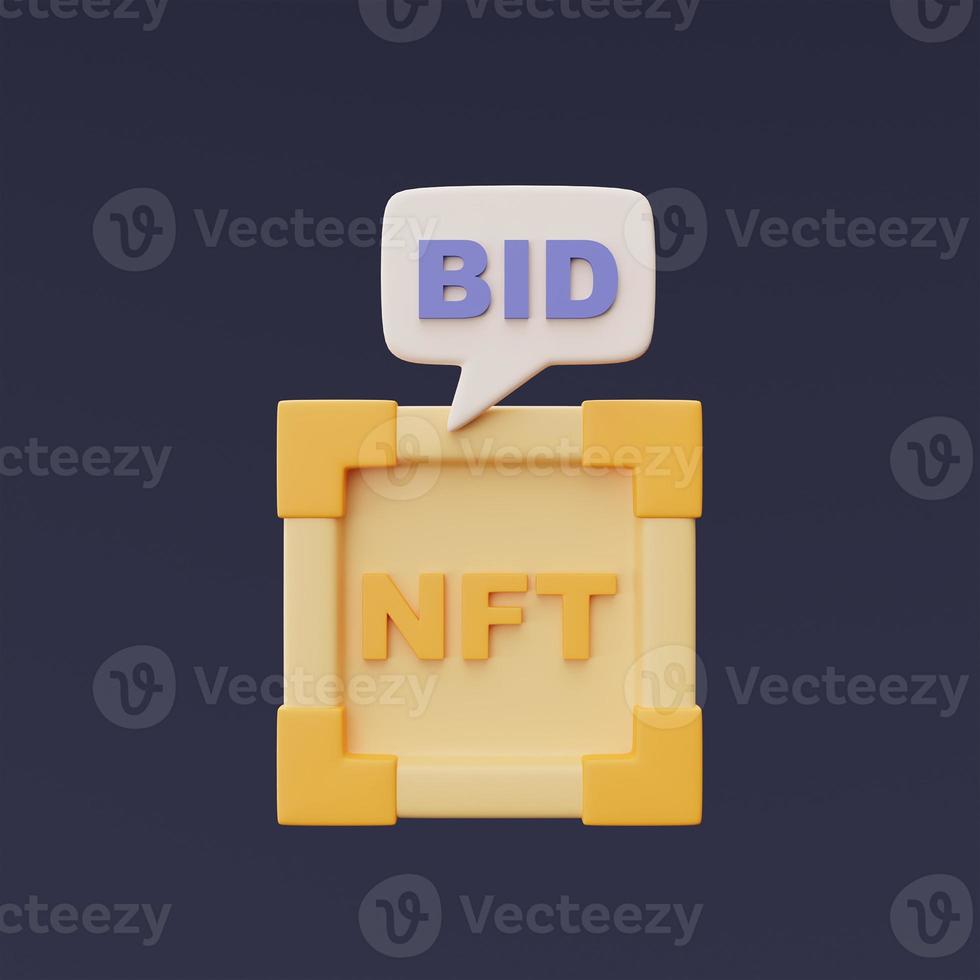 nft-woord in afbeeldingsframe met woordbod, niet-fungibel token, cryptokunst, innovatietechnologie, 3D-rendering. foto