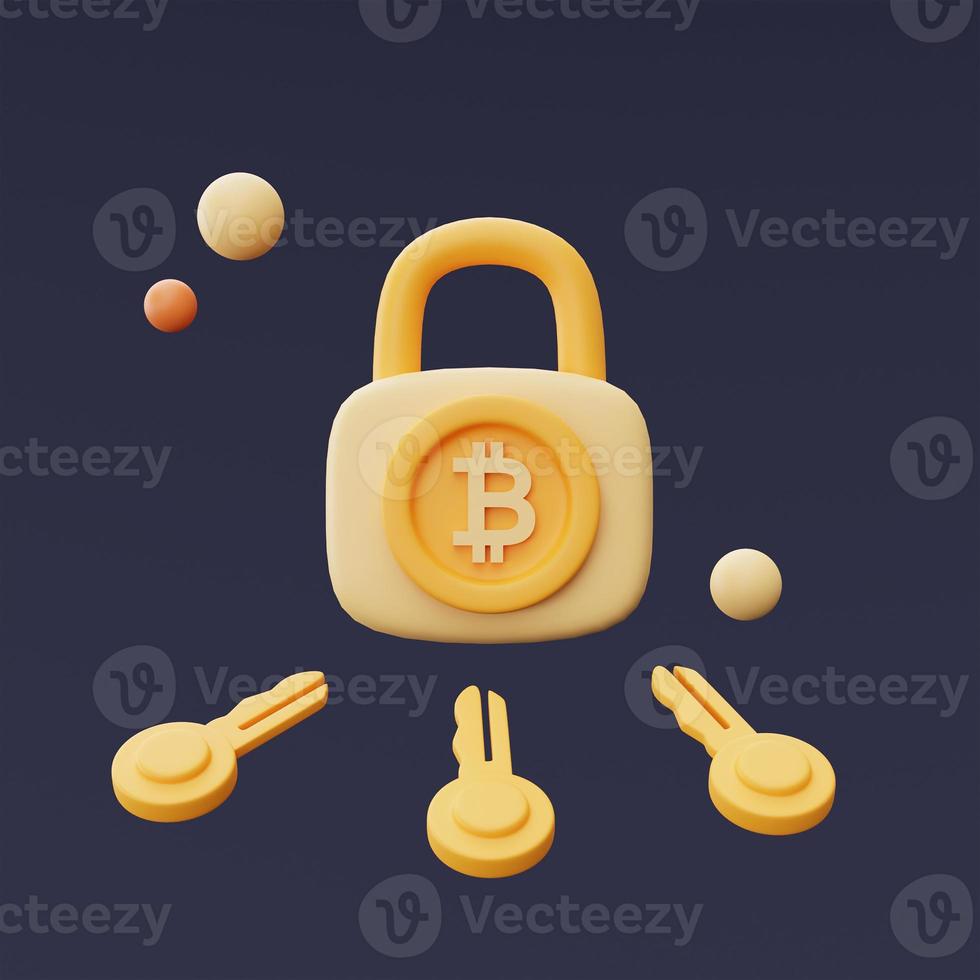 hangslot met bitcoin-teken, cryptocurrency-beschermingsconcept, blockchain-technologiediensten, minimale style.3d-weergave. foto