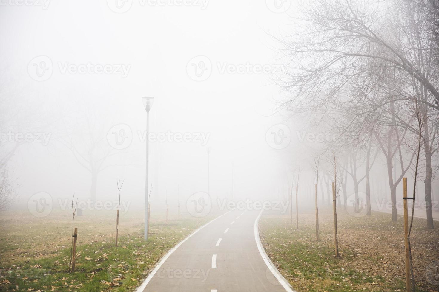 fietspad in de mistige winterdag foto