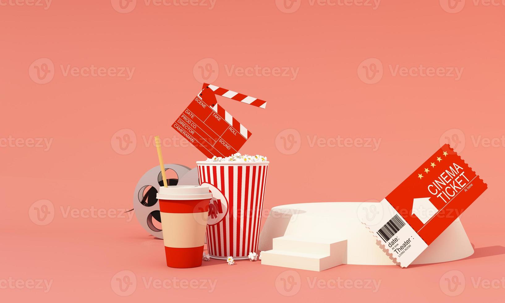 het concept van het online kijken naar films thuis rode toon omringd door filmapparatuur, bioscoopkaartjes, filmspoelen, filmcamera's popcorn en drankjes met podium productstandaard 3D-rendering foto