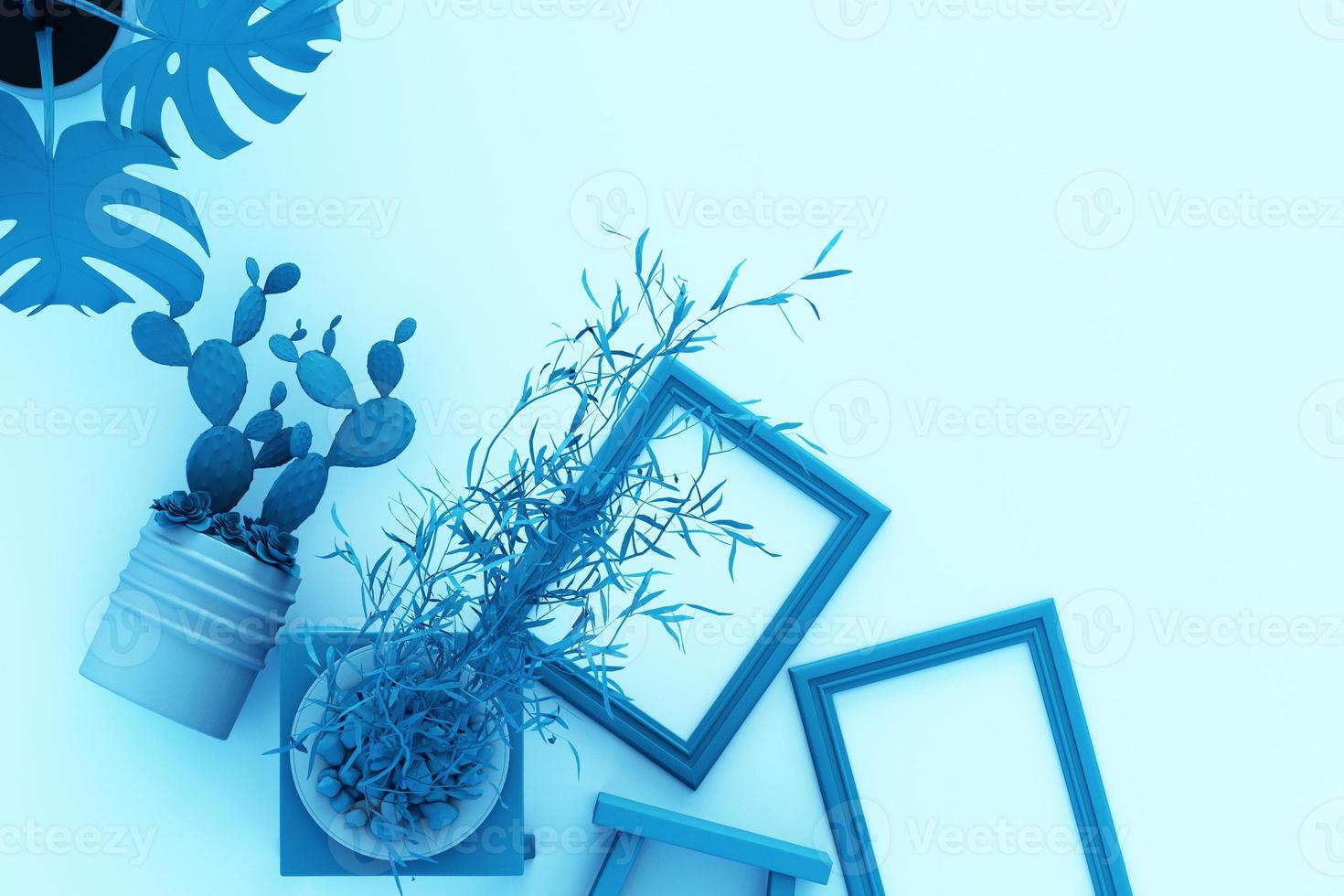 ontwerpconcept - bovenaanzicht van wit a4 omgedraaid papier met zwart klembord, potplant, cactus, frame en pen op pastelachtergrond. 3D-rendering foto