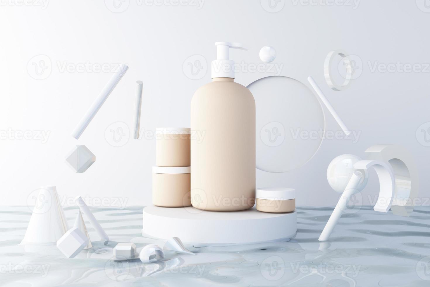 mockups voor cosmetische producten op geometrische podia. achtergrond en geometrische vorm op het water voor de presentatie van cosmetische realistische 3D-rendering foto