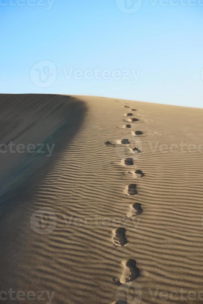 voetstappen in zand van golvende duinen in woestijn van kanaries foto