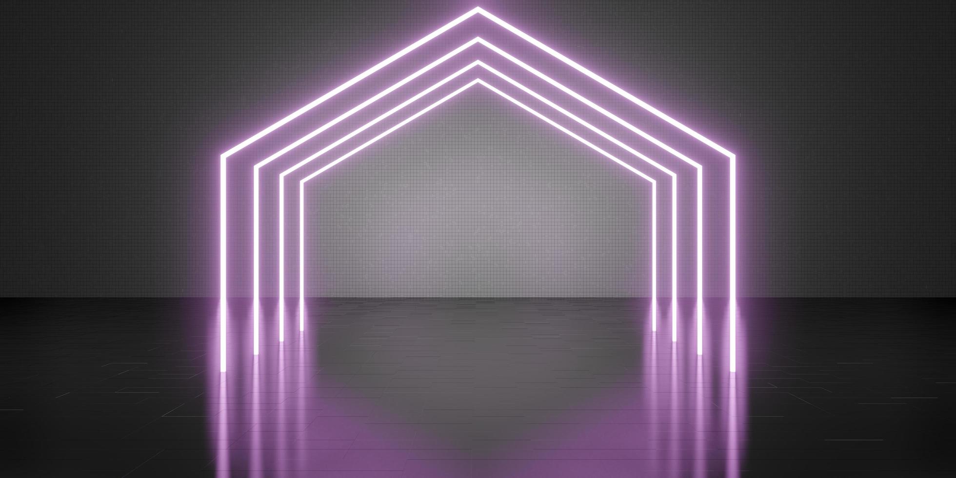 zeshoek laserlicht kamer achtergrond neonlicht technologie stijl vloer en muur 3d illustratie foto