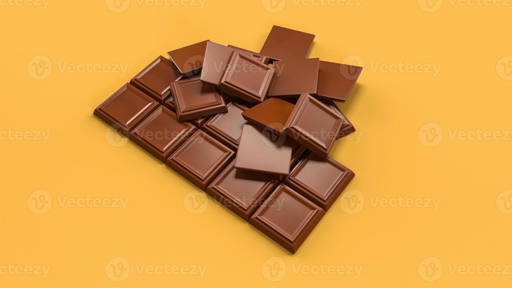 melkchocolade stukjes geïsoleerd op mosterd achtergrond van bovenaanzicht stukjes smakelijke donkere chocolade 3D-rendering foto