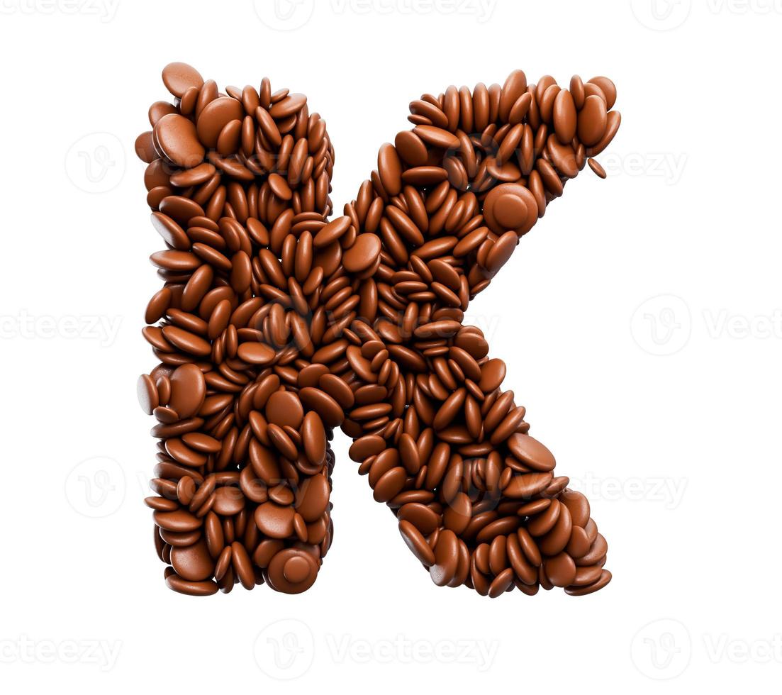 letter k gemaakt van chocolade gecoate bonen chocolade snoepjes alfabet woord k 3d illustratie foto