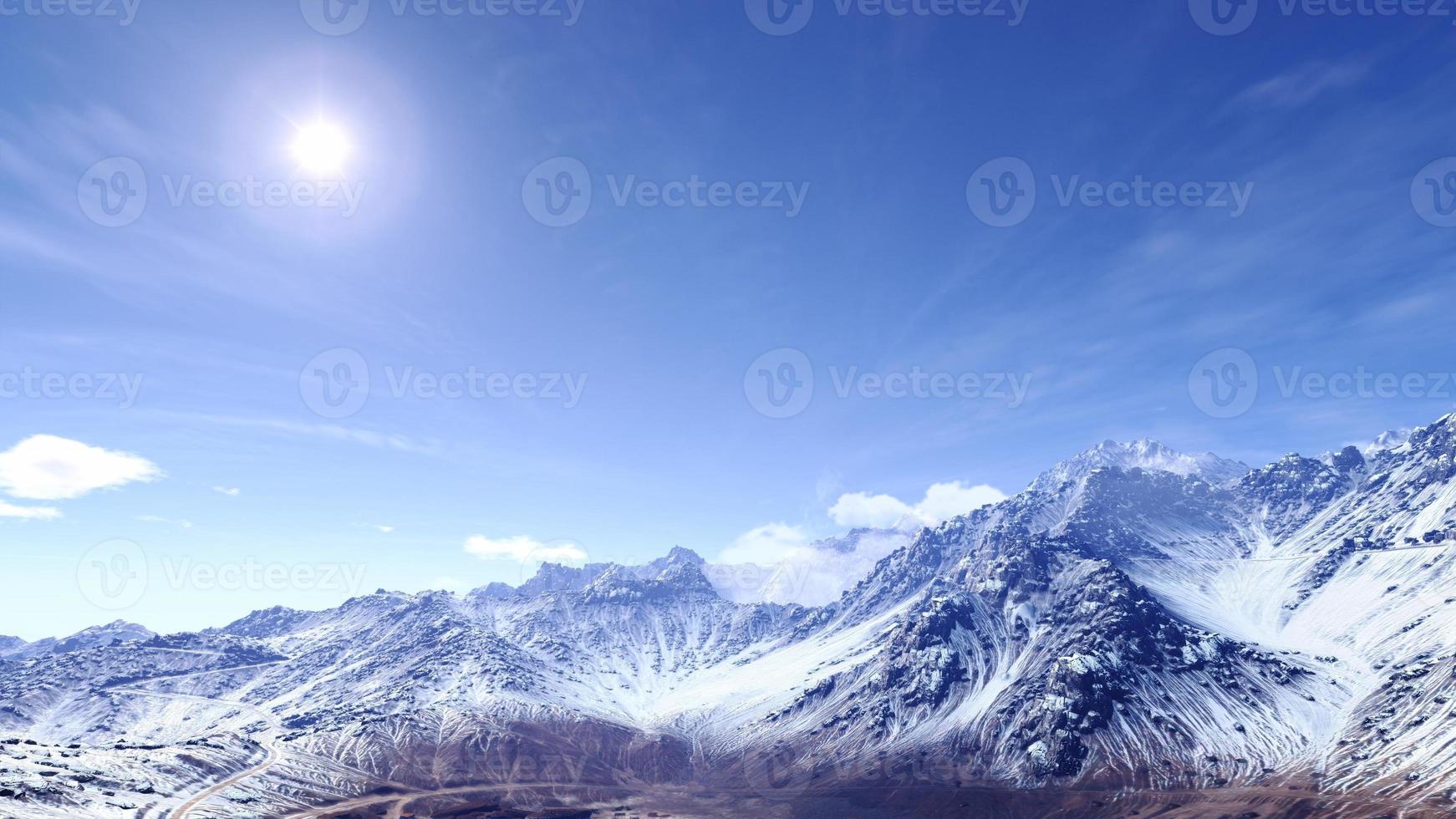 3D-renderinglandschap van met wintersneeuw bedekte bergen en enorme rotsen, heldere luchten. foto