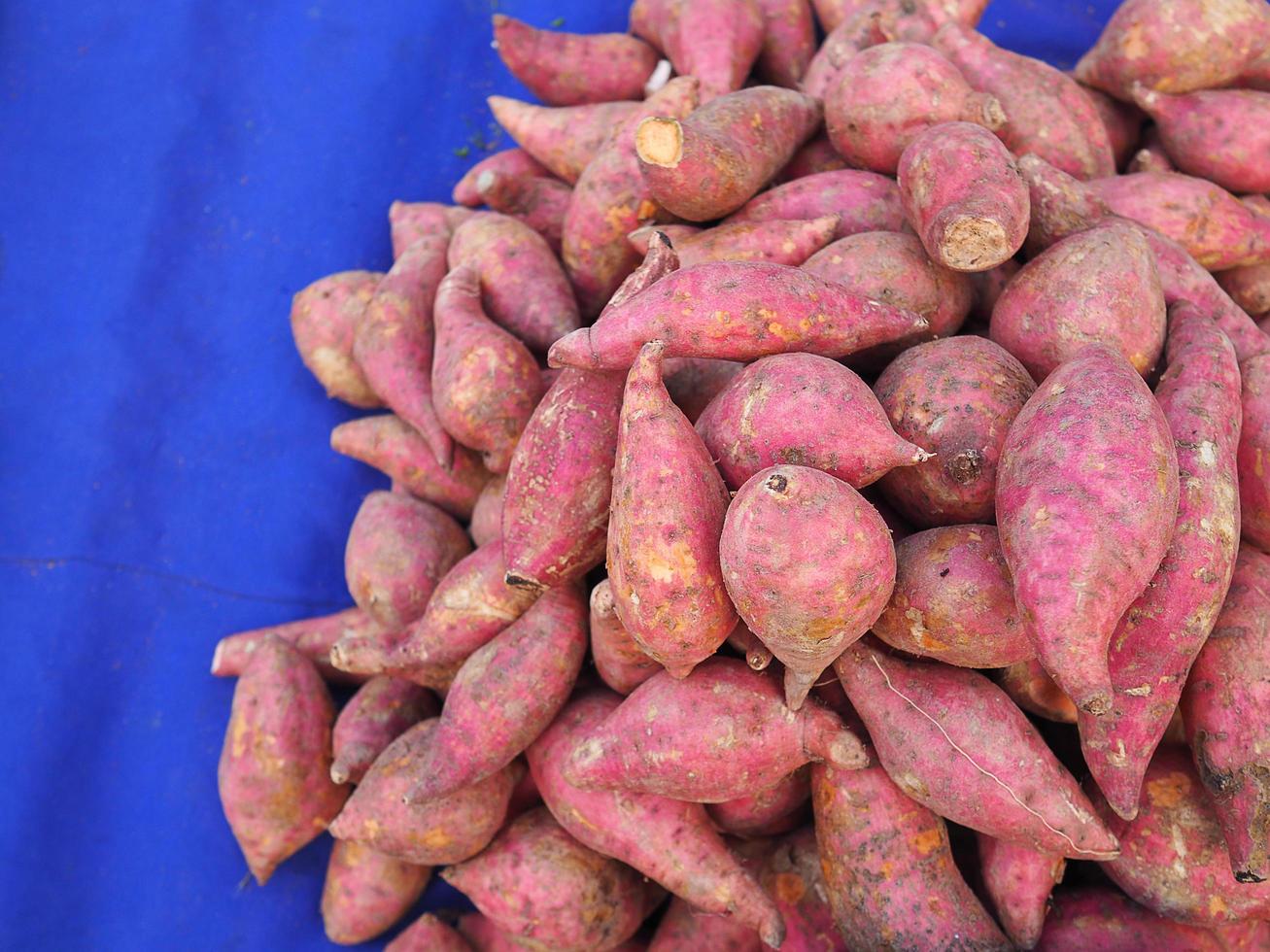 stapel verse paarse yams biologisch te koop in de markt foto