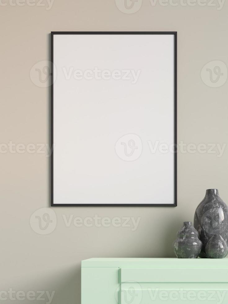 moderne en minimalistische verticale zwarte poster of fotolijst mockup aan de muur in de woonkamer. 3D-rendering. foto