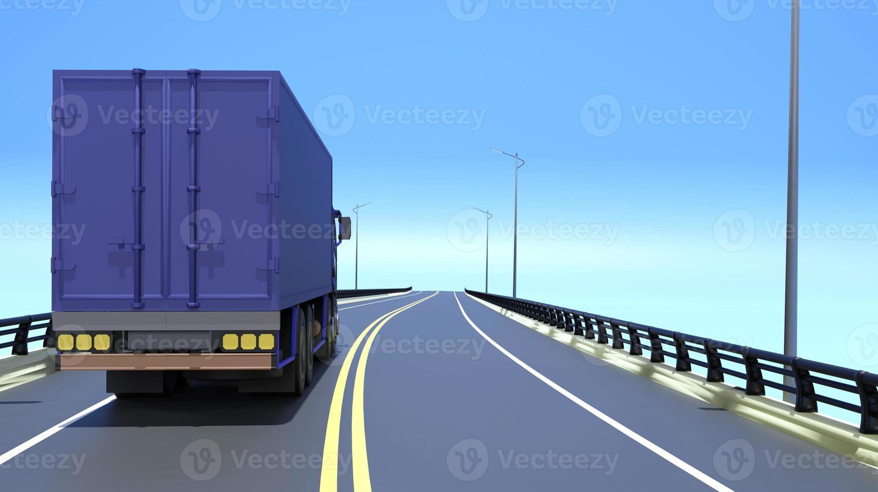 3D-rendering vrachtwagen rijdt op de brug en de hemelachtergrond, logistiek concept illustratie foto