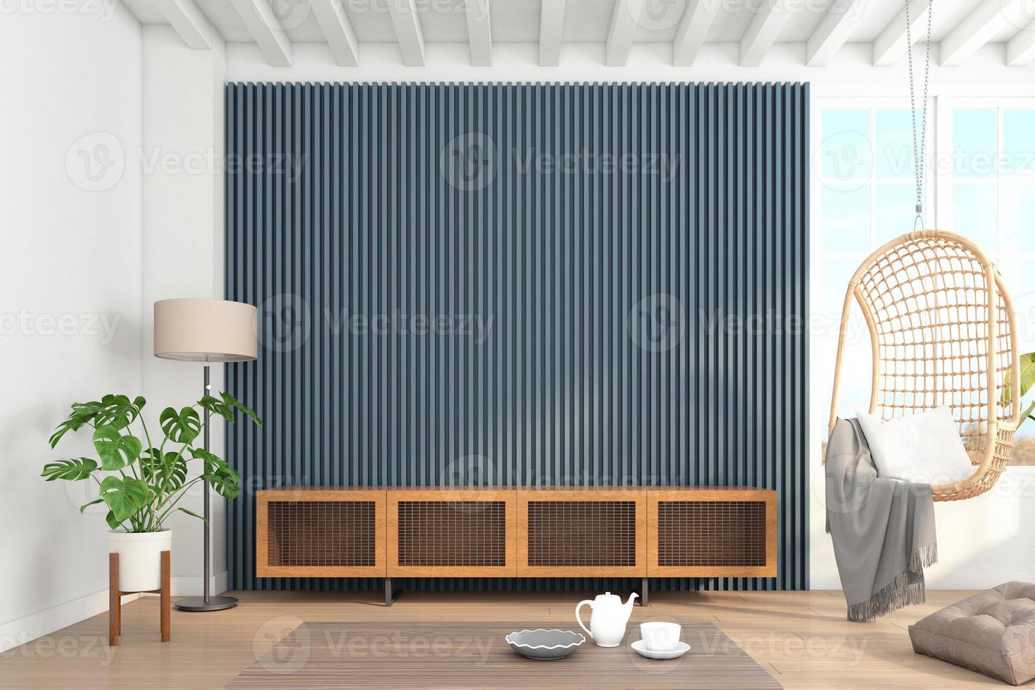 kast hout voor tv op de blauwgrijze lamelwand in woonkamer met hangstoel, minimalistisch modern. 3D-rendering foto