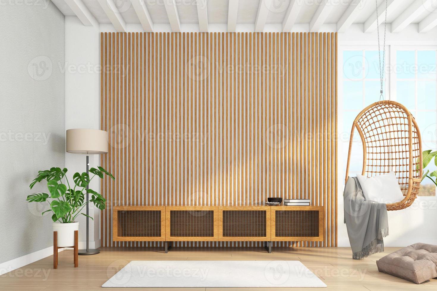 kast hout voor tv op de houten latten muur in woonkamer met hangstoel, minimalistisch modern. 3D-rendering foto