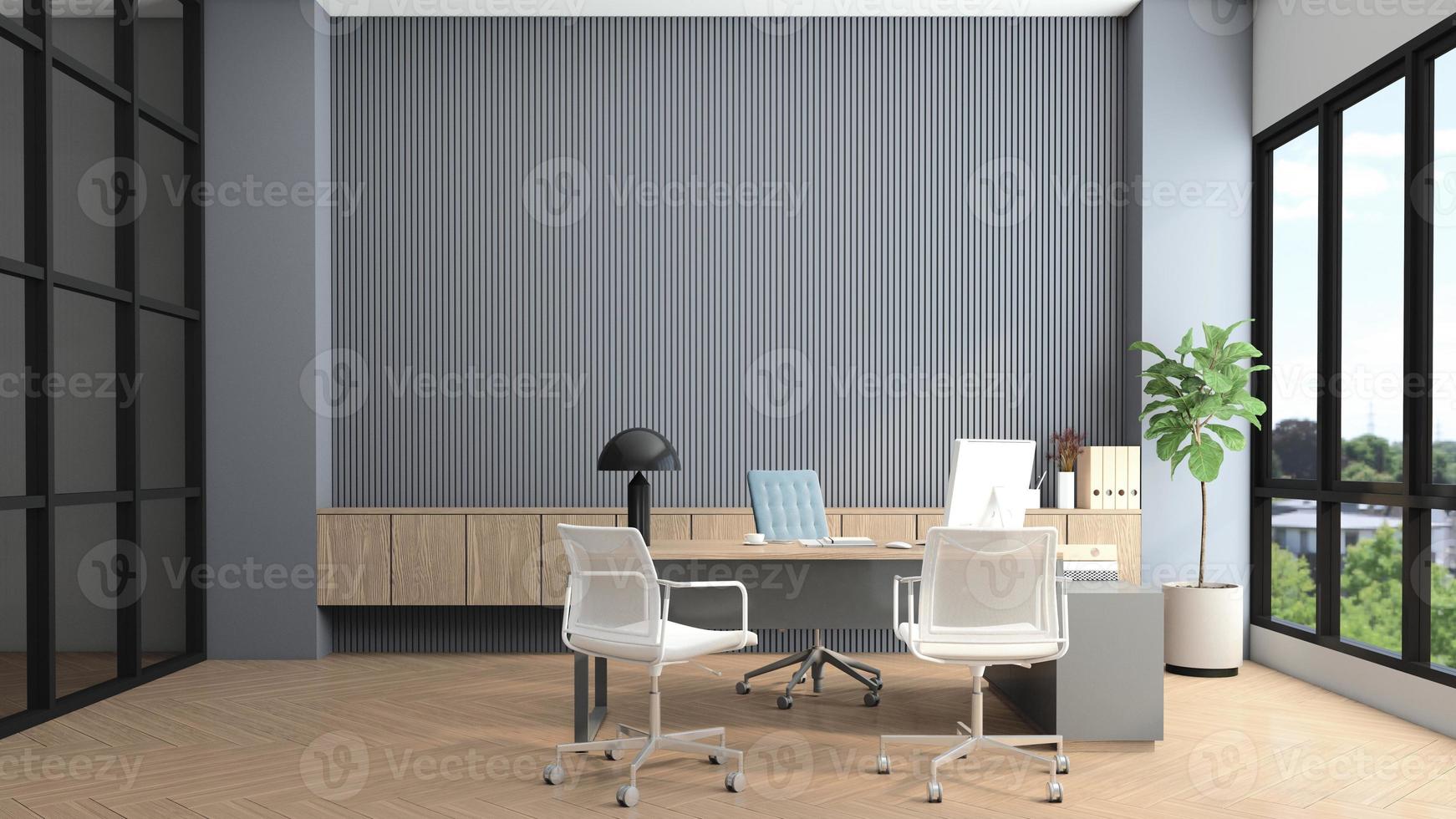 De daadwerkelijke Ontoegankelijk krassen moderne managerkamer met bureau en computer, grijze lattenwand en  ingebouwde houten kast. 3D-rendering 8010809 stockfoto bij Vecteezy