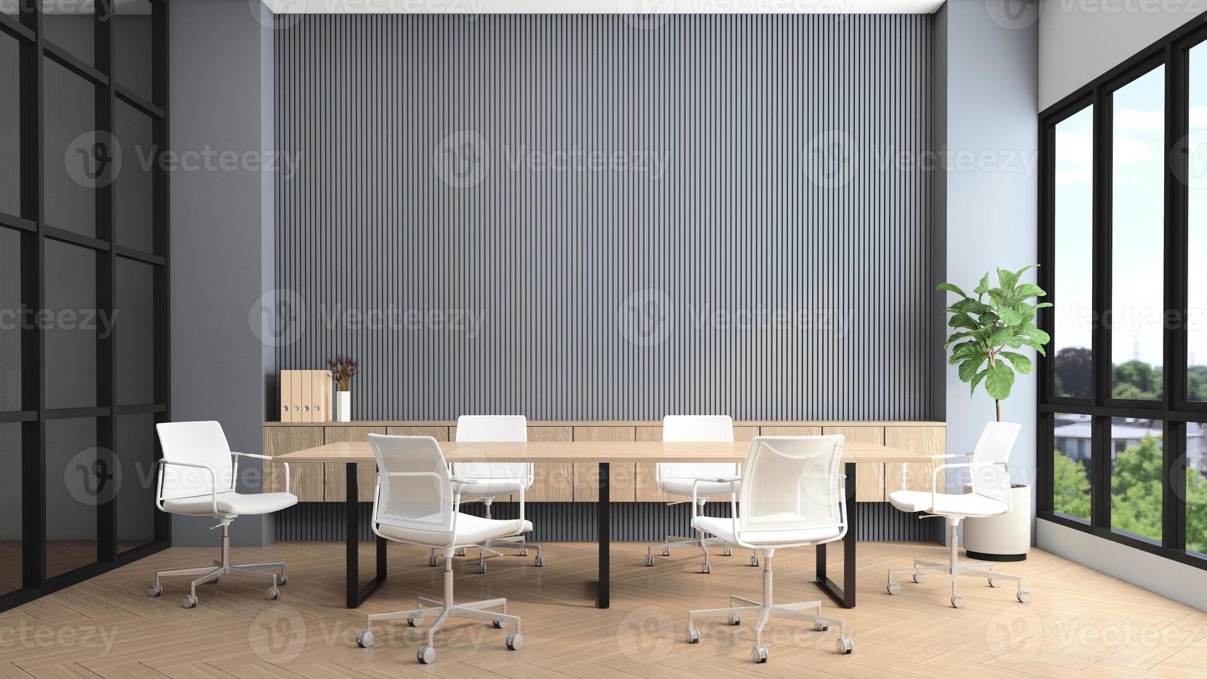 moderne vergaderruimte met vergadertafel en stoelen, grijze lamellenwand en ingebouwde houten kast. 3D-rendering foto