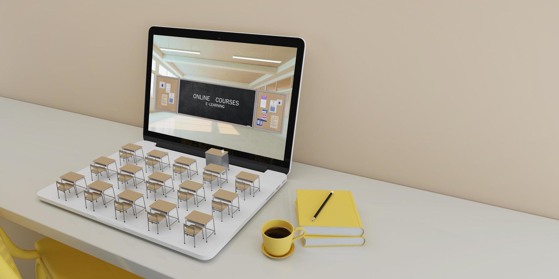 klasmodel met laptop en kopieer space.concept voor online cursussen, e-learning, online education.3d rendering foto