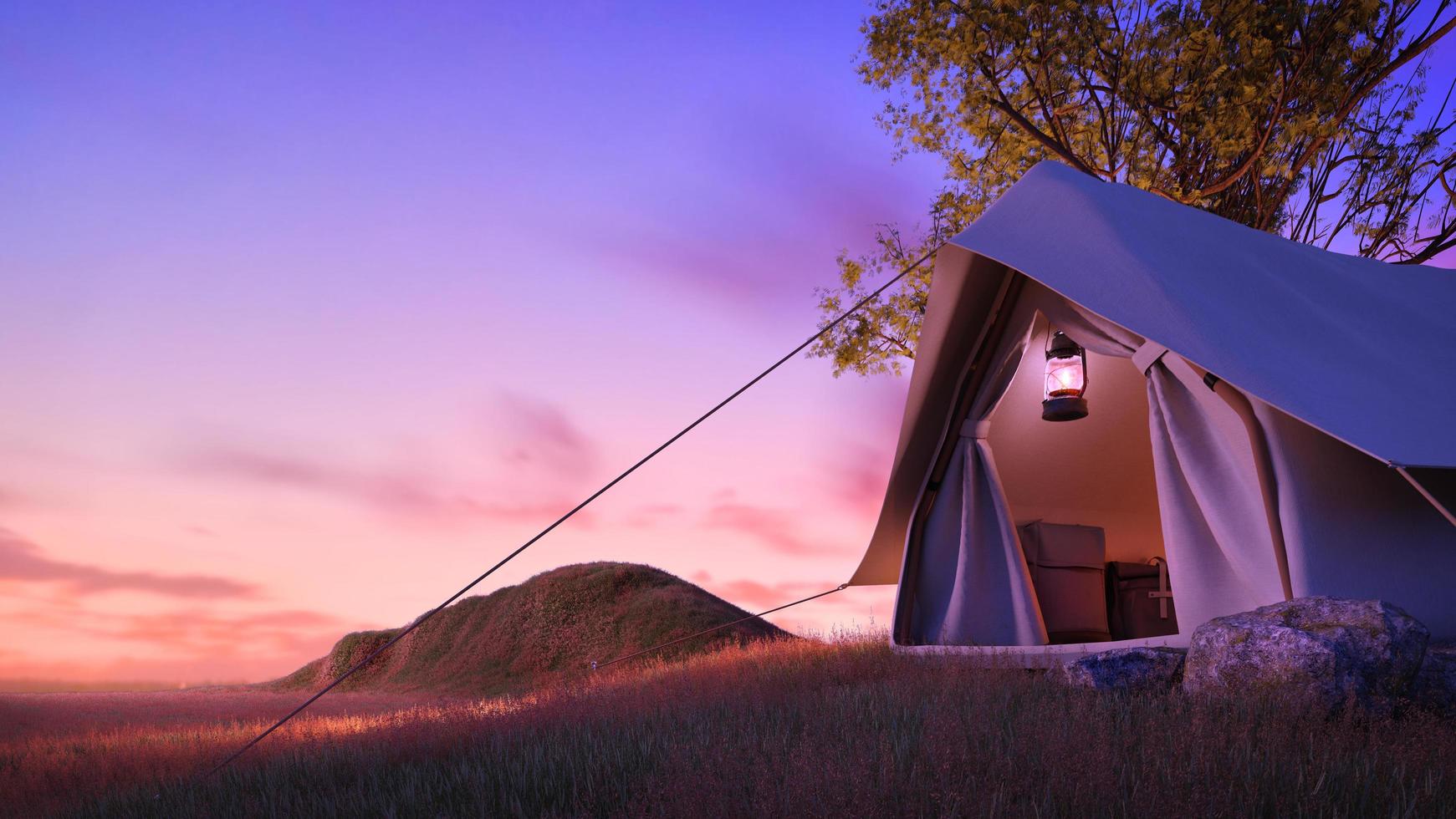 camping.avond scence.tent onder de grote boom op een weide, heuvel, bergen.3d rendering foto