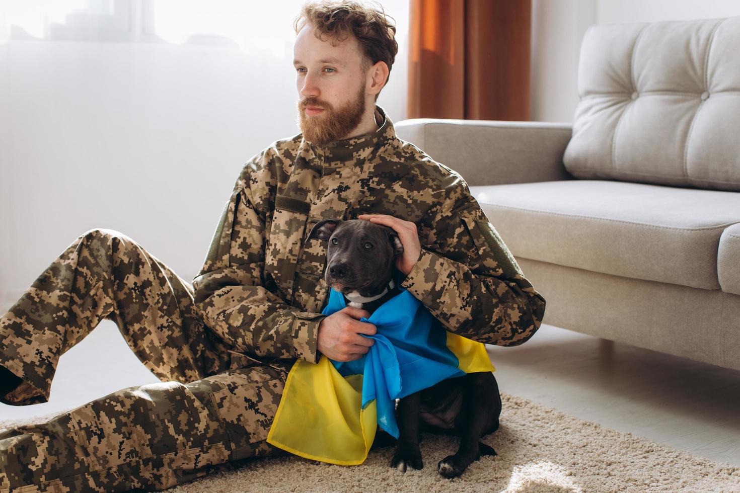 Oekraïense soldaat knuffelt en wikkelt de Oekraïense vlag van zijn trouwe vriend rond een amstaff-hond op kantoor foto