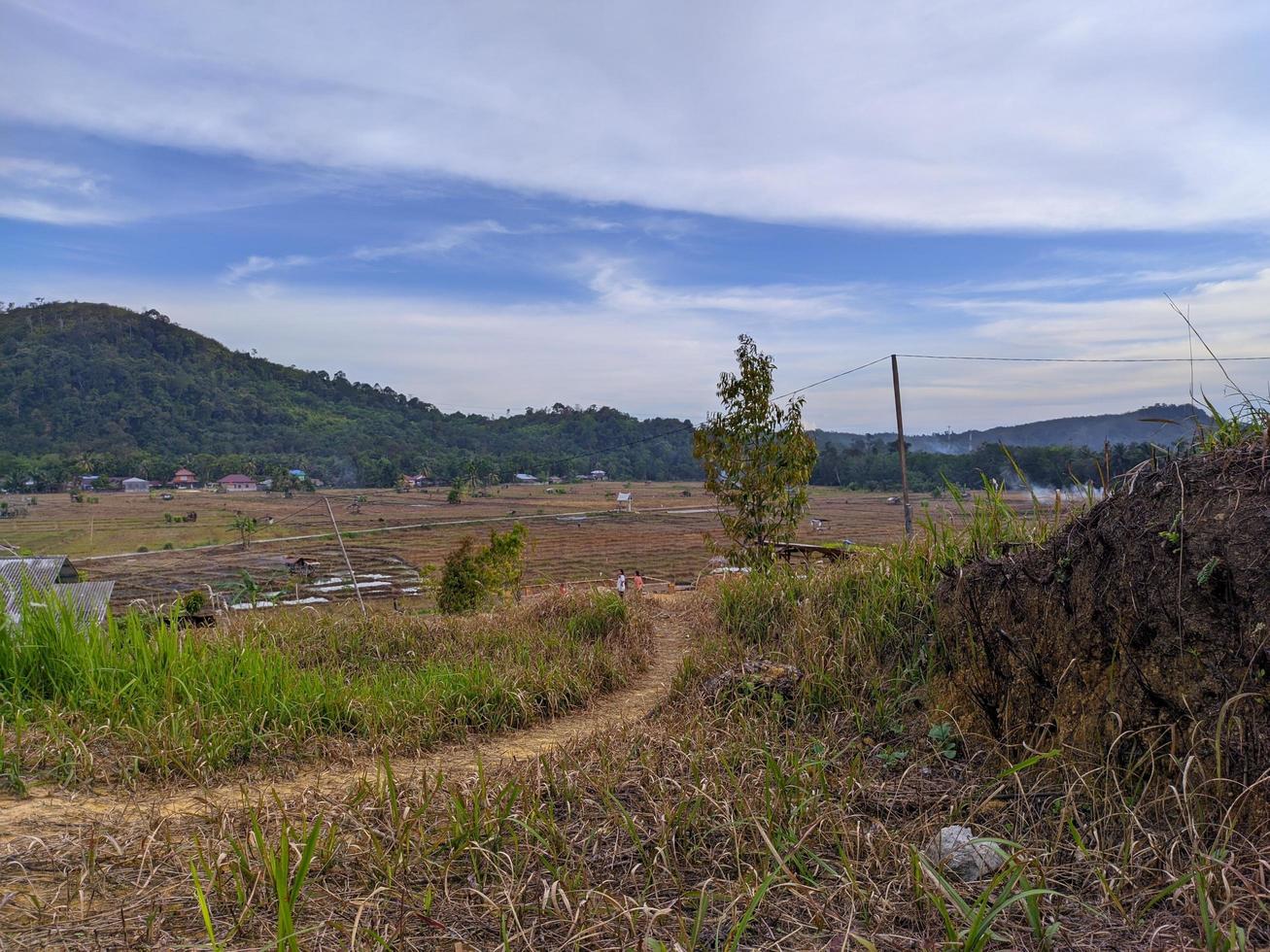 rampah, poriaha, indonesië - 29 mei 2022 - rijstvelden, bergen en bewolkte lucht foto