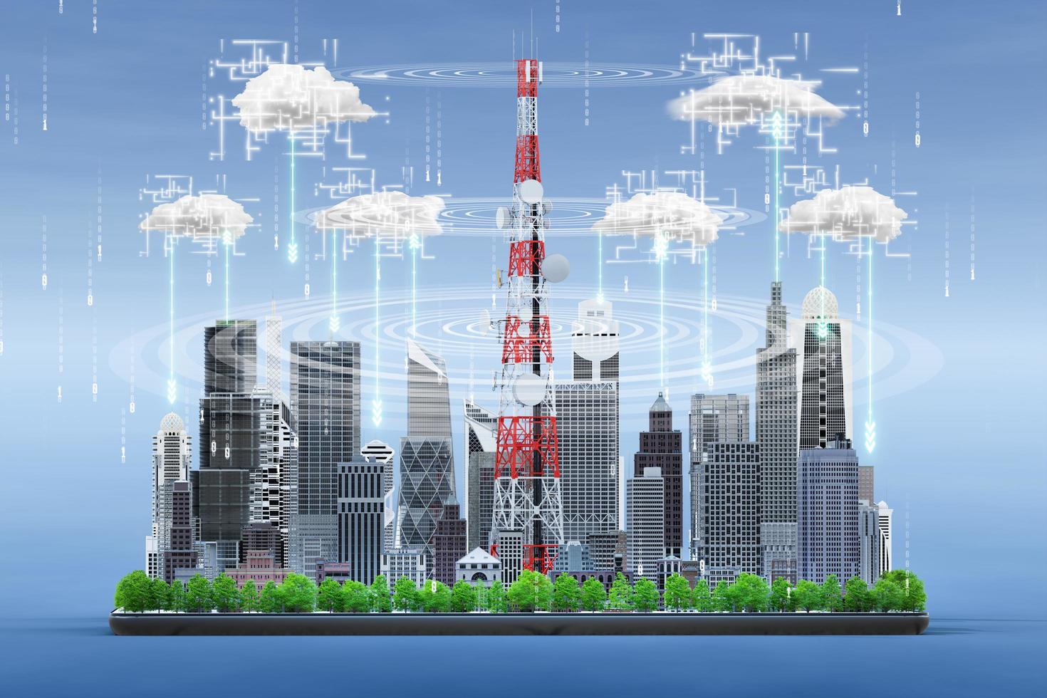 slimme stad op digitale tablet met 5g telecommunicatie torenantenne, technologie opslag cloud big data concept, 3d render foto