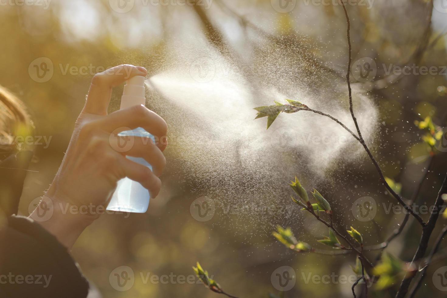 vrouwelijke handen houden container en sprays boomtak met toppen tegen fel zonlicht in de tuin. verzorging en behandeling van planten. selectieve focus foto