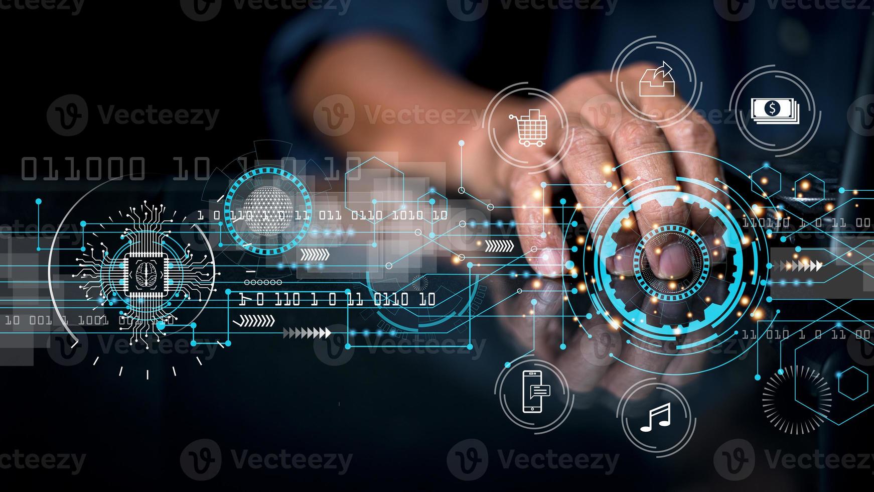 zakenman scannen vingerafdrukken op virtueel scherm digitaal informatiebeheer concept big data internet van dingen en bedrijfsprocessen automatisering, verschillende opslagsystemen, cloud computing foto