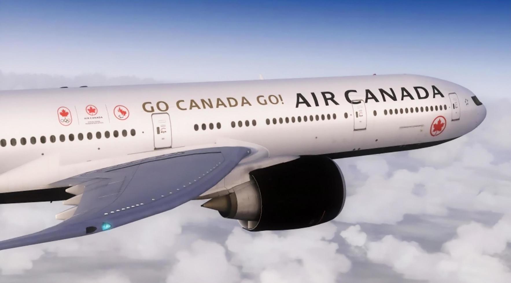 Montreal, Canada, 15 december 2021 - Air Canada Boeing 777. het vliegtuig vliegt in de lucht boven de wolken. foto