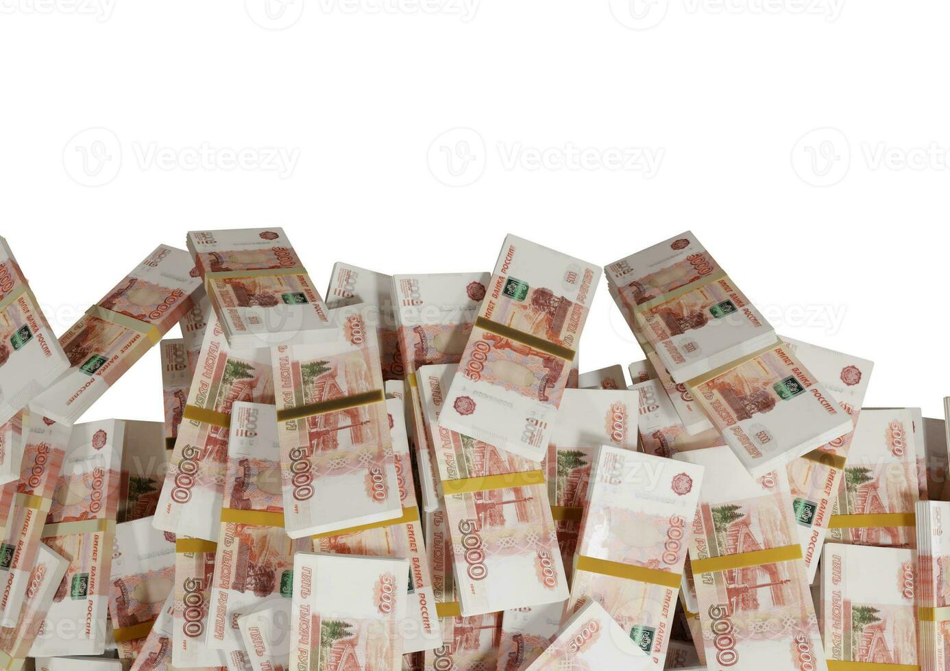 stapel Russische contant geld of bankbiljetten van Russische roebels verspreid op een witte achtergrond geïsoleerd het concept van economie, financiën, achtergrond, nieuws, sociale media en textuur van geld 3D-rendering foto