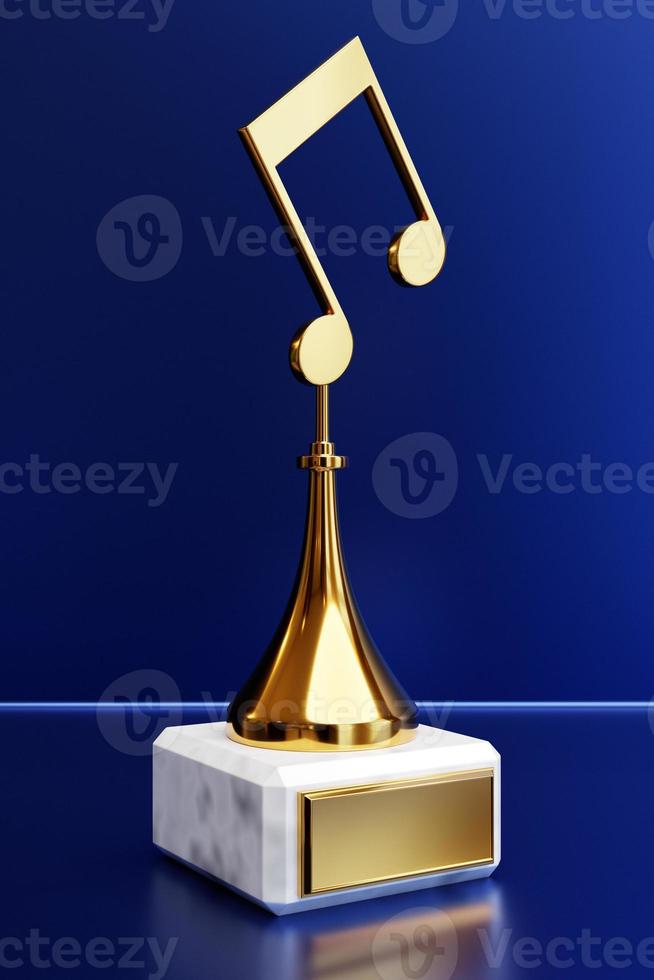 gouden muziekprijs met een notitie op een blauwe achtergrond, 3d illustratie foto