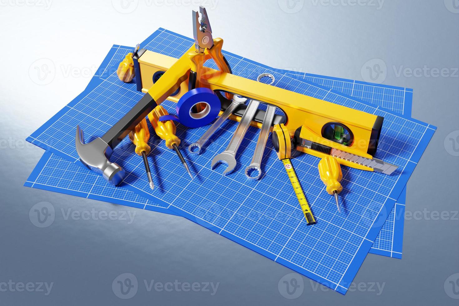 3d illustratie van een metalen hamer, schroevendraaiers, tangen, niveau, meetlint, elektrische tape, snijder met geel handvat op millimeterpapier. 3D-weergave van een handgereedschap voor reparatie en installatie foto