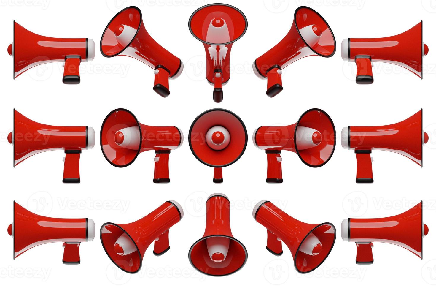 rode cartoon luidspreker van alle kanten op een witte monochrome achtergrond. 3d illustratie van een megafoon. reclamesymbool, promotieconcept. foto