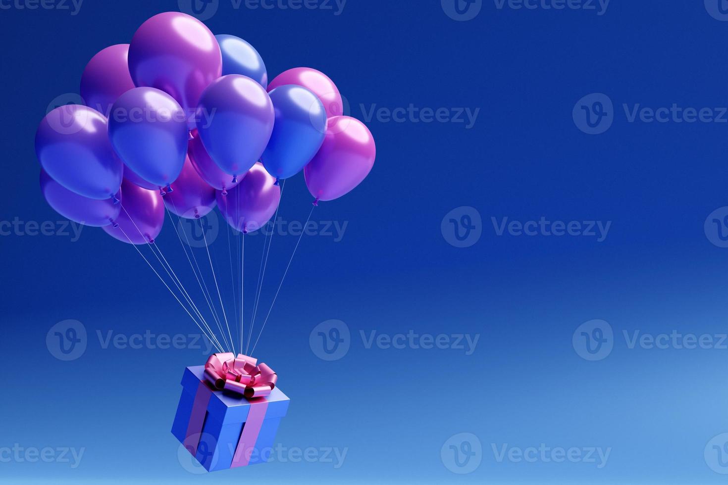 3D illustratie cadeau in een mooie paarse verpakking, een satijnen strik vliegt met behulp van opbeurende ballonnen op een blauwe achtergrond. feestelijke parafernalia, cadeauset. foto