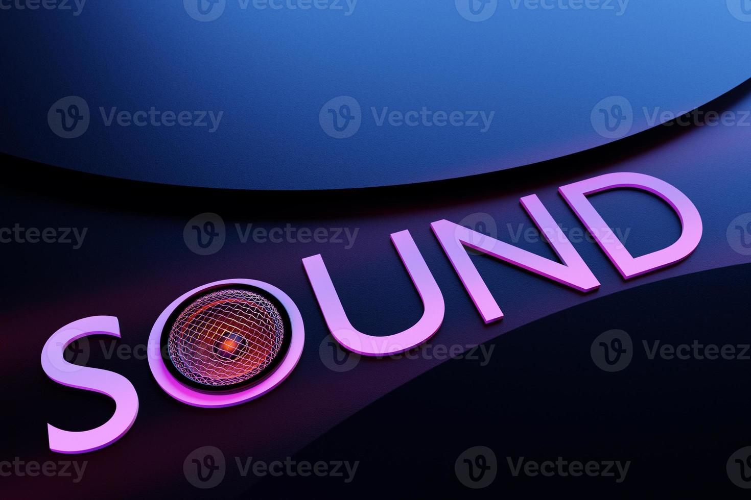 3D illustratie inscriptie geluid van een muziek luidspreker op een donkere geïsoleerde achtergrond. audiosysteem met speakers voor concerten en feesten foto