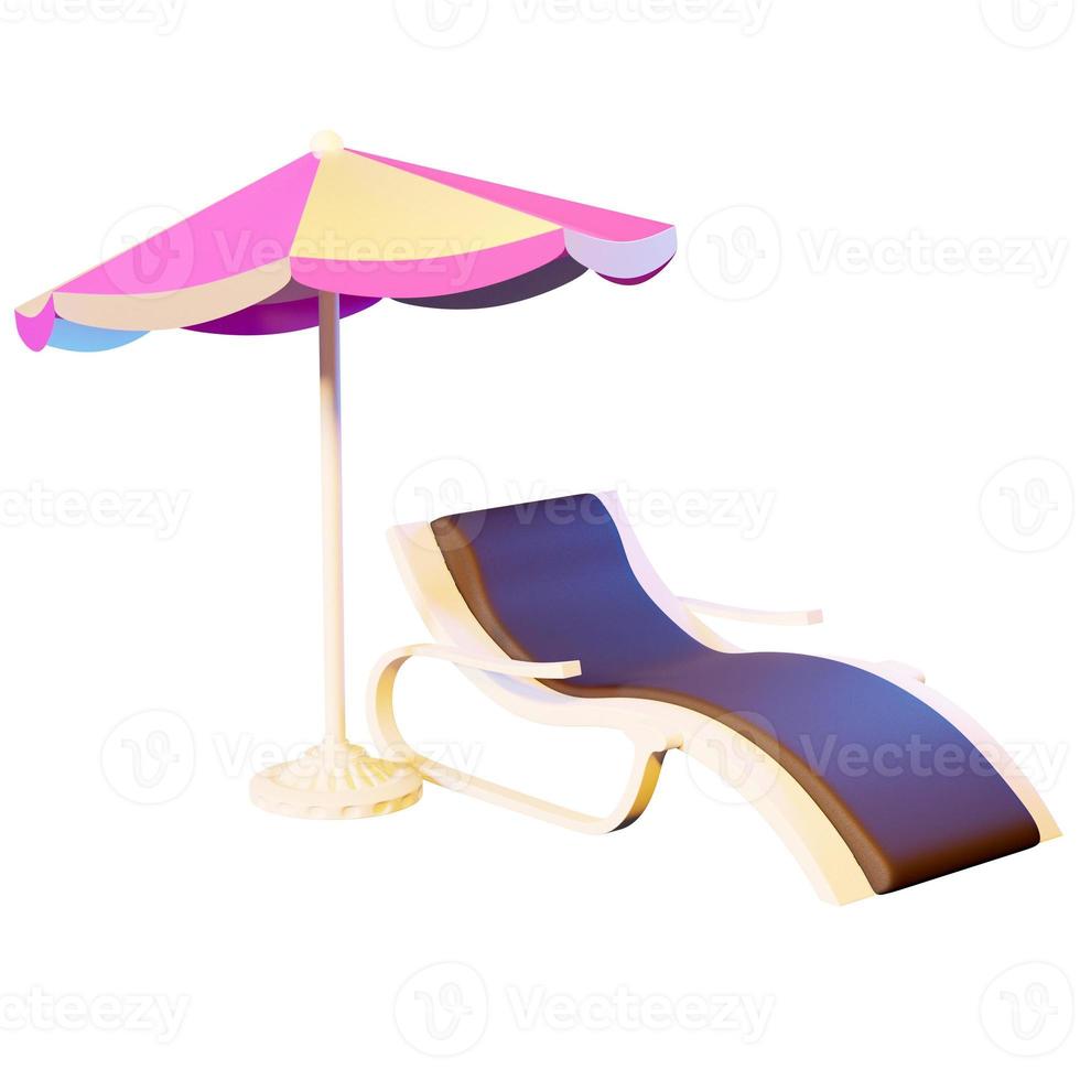 3d illustratie van een strandstoel onder een gestreepte parasol op witte geïsoleerde achtergrond. zomervakantie concept aan het strand. foto