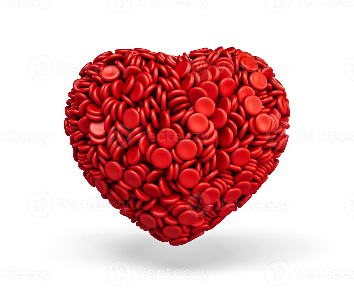 rode bloedcellen in de vorm van hart geïsoleerd op een witte achtergrond 3d illustratie foto