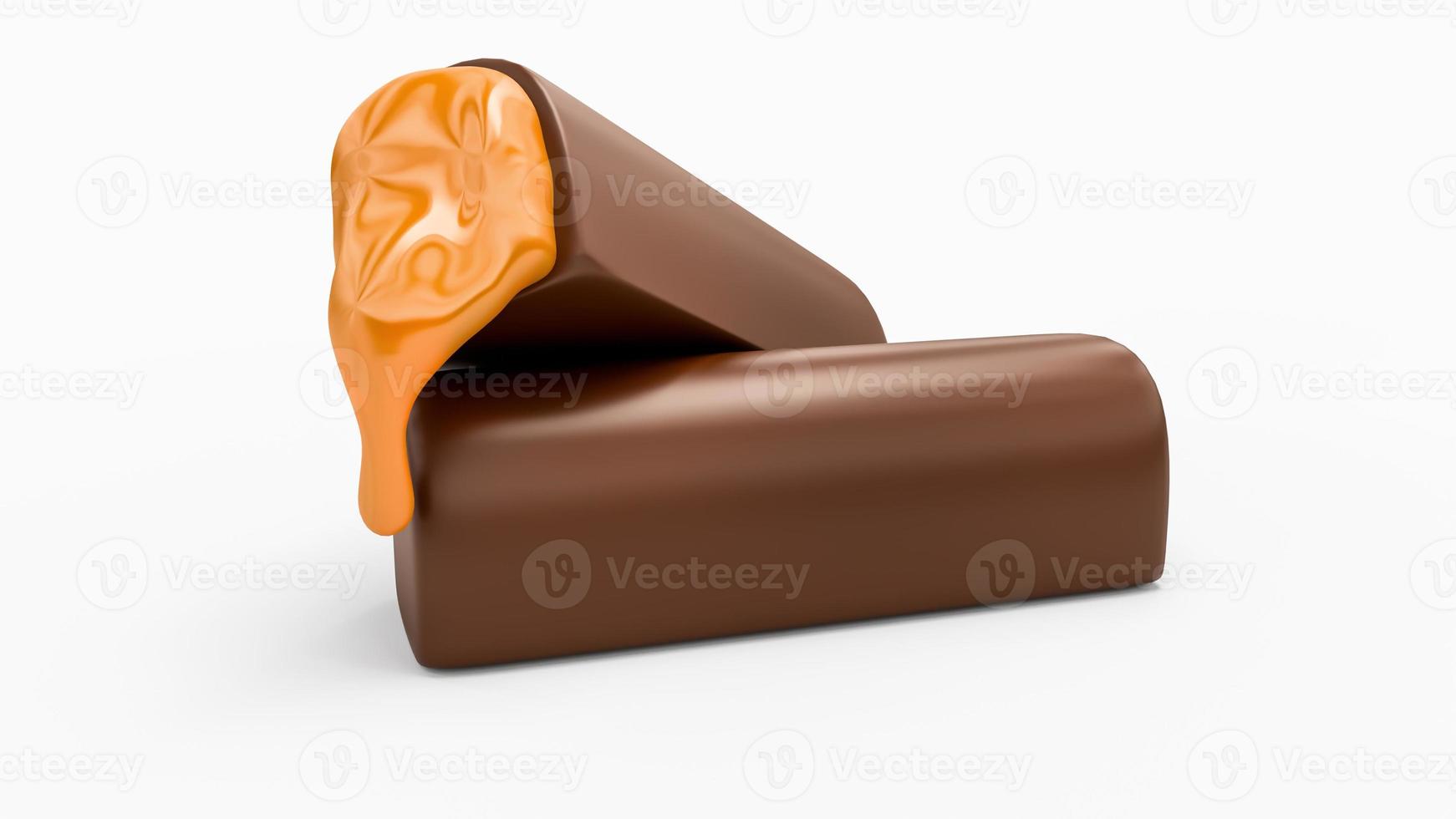 chocoladereep met zoete karamel die smelt, chocoladereep gebroken met karamelvulling 3d illustratie foto