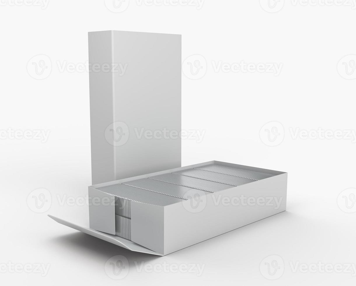 nietjes pinnen en nietjes doos lege geïsoleerde witte achtergrond 3d illustratie foto