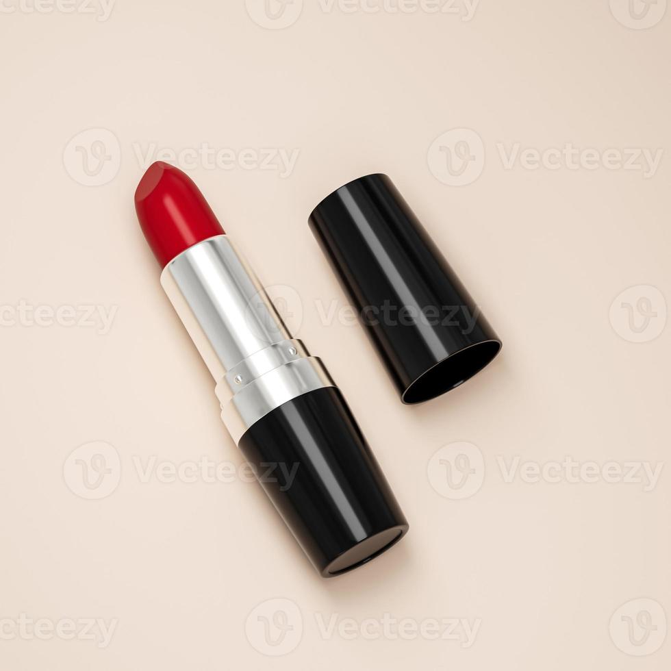 mode rode lippenstift op beige achtergrond plat lag bovenaanzicht kopieerruimte. schoonheid en cosmetica achtergrond. make-up, lippenstift voor vrouwen, schoonheidsmerk, productontwerp 3d illustratie foto