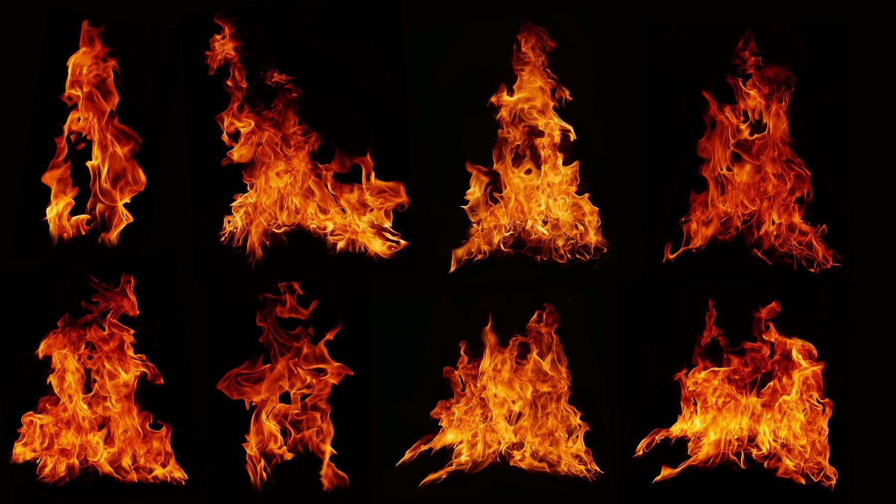 een verzameling van 8 vlam images.flame vlam textuur voor grillige vuur achtergronden. vlamvlees dat is verbrand uit het fornuis of door kookgevaar dat abstracte zwarte achtergrond voelt. foto
