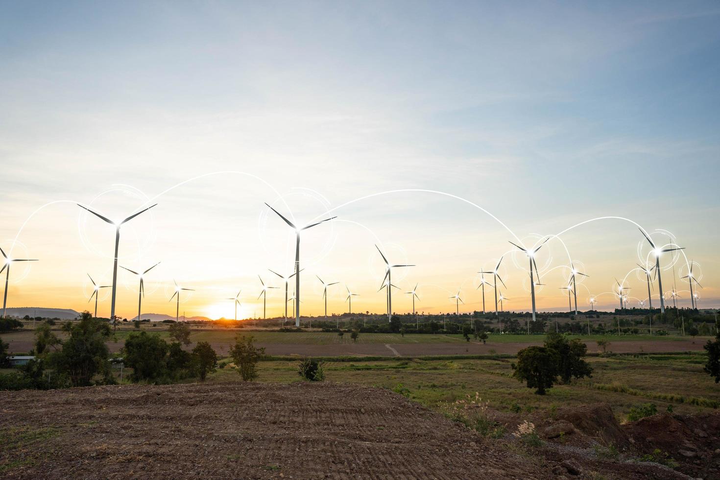 windturbines zijn alternatieve elektriciteitsbronnen, het concept van duurzame hulpbronnen, mooie lucht met turbines van windgeneratoren, hernieuwbare energie foto