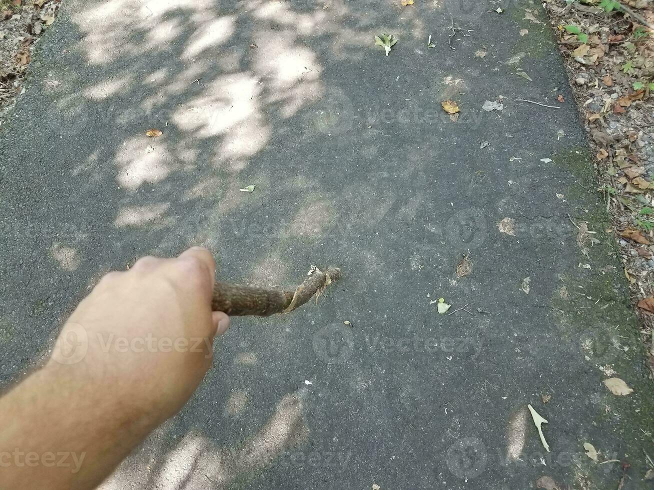 iemands hand op wandelstok op asfaltpad foto