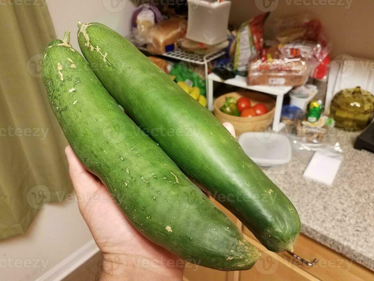 hand met grote groene komkommers in de keuken foto